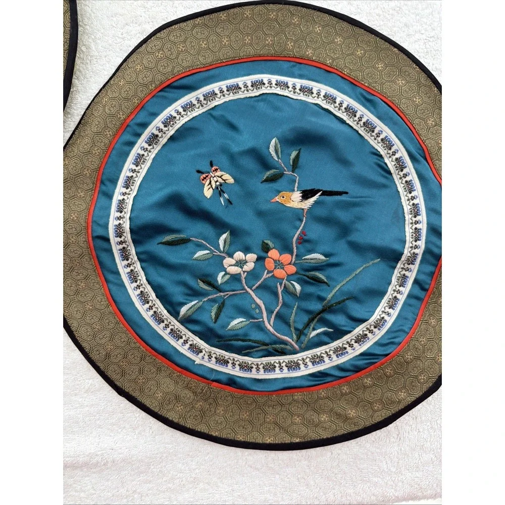 2 Chinese 100% silk Vintage embroidered round Textile flowers, bird, butterflies